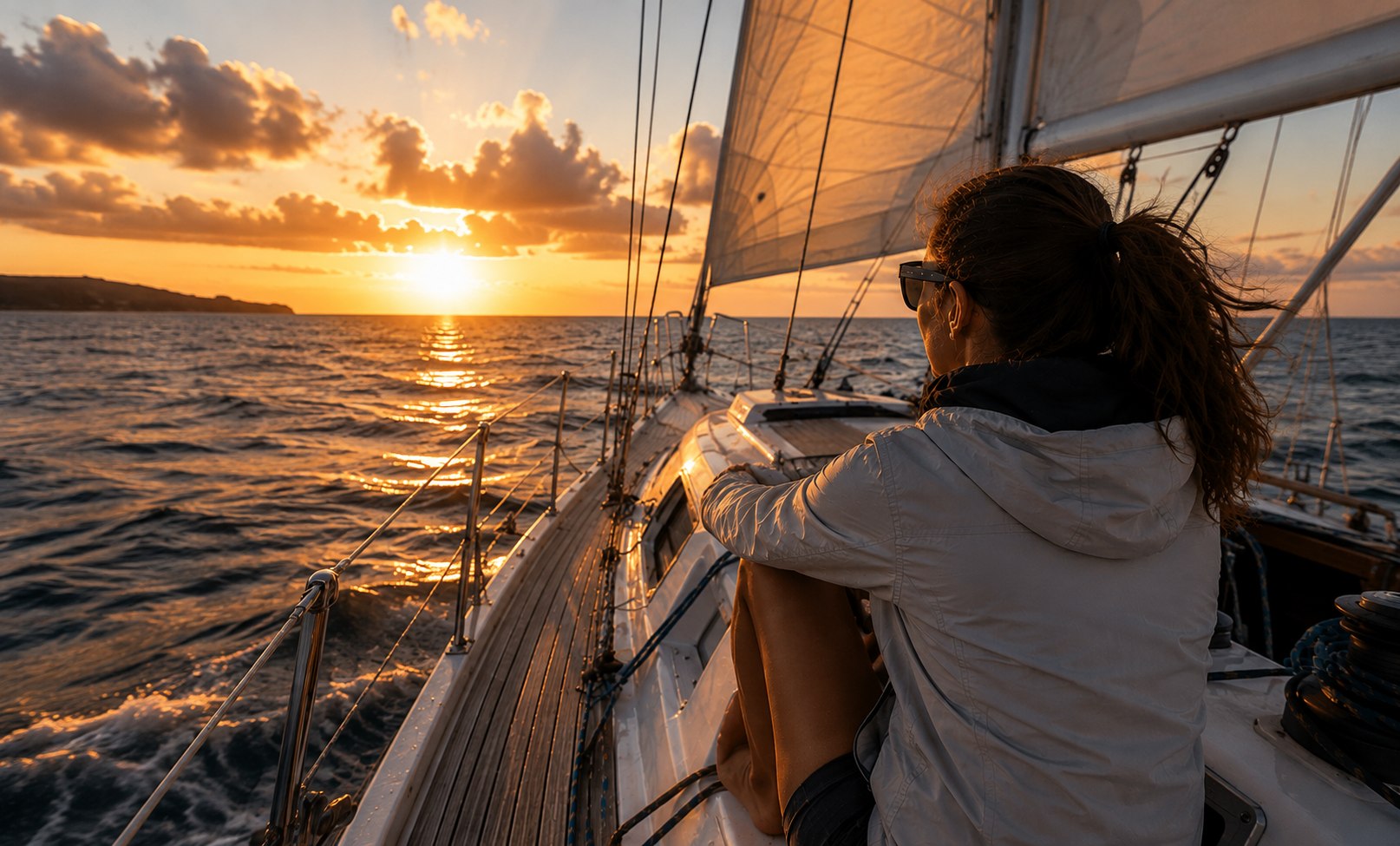 Atardecer en el Río de la Plata, mujer mirando el horizonte desde un velero