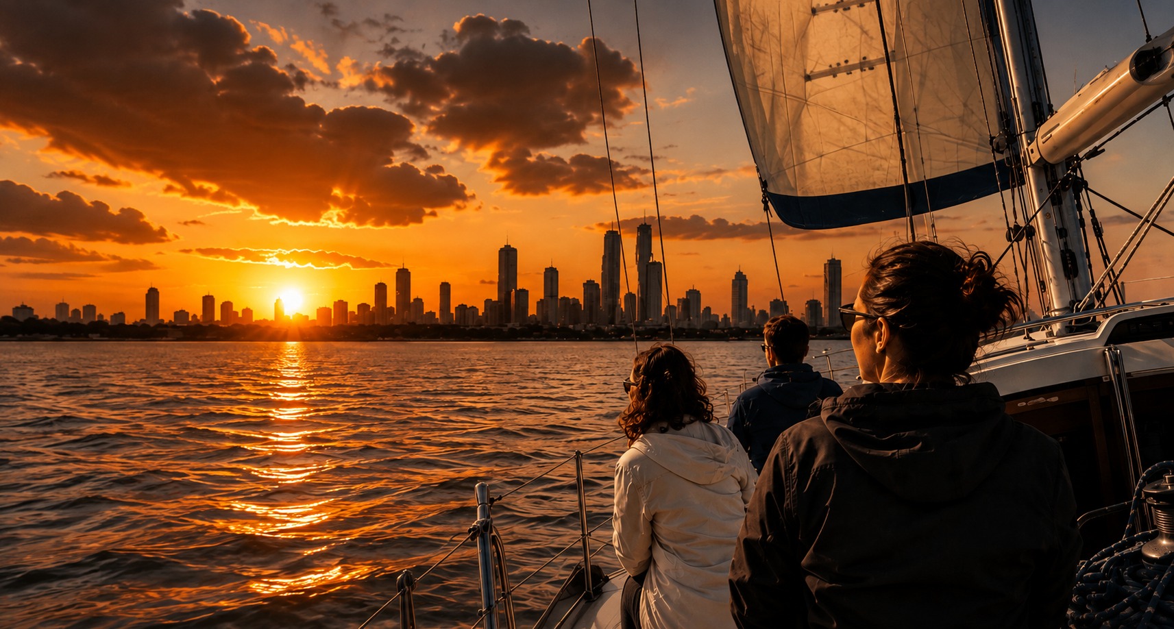 Tripulación navegando al atardecer en el Río de la Plata, con el skyline de Buenos Aires de fondo